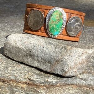 Turquoise & Coin Leather Cuff - adjustable